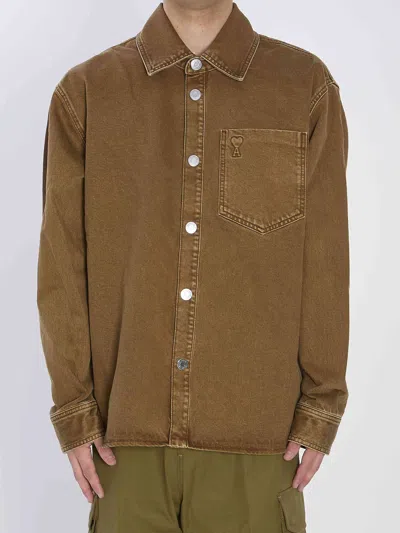 Ami Alexandre Mattiussi Cotton Denim Long Sleeve Overshirt In Brown