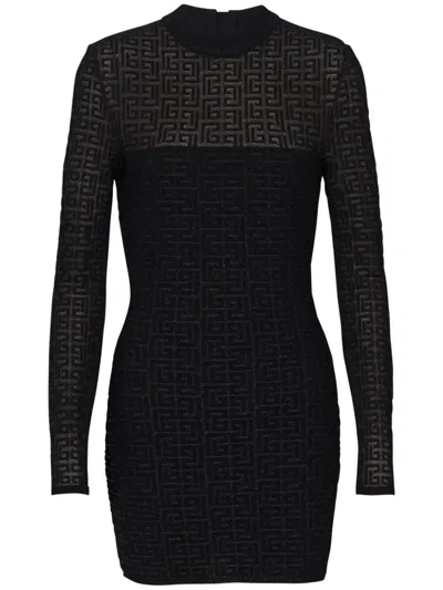 Balmain Monogram Lurex Sheath Dress With Back Zip In Black