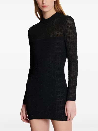Balmain Monogram Lurex Sheath Dress With Back Zip In Black