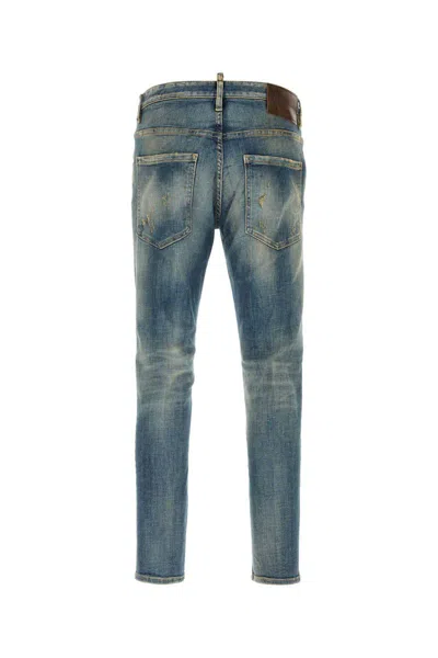 Dsquared2 Men Blue Jeans With Logo Patch On The Rear And Distressed Effect In Denim Man In Blue