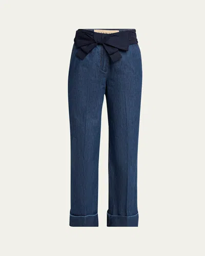 Valentino Womens Medium Blue Denim Bow-embroidered Wide-leg Denim Jeans In Blue