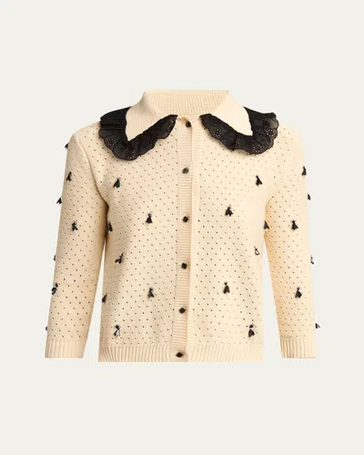 Valentino Pointelle Micro Tassel Ruffled Cardigan In Multi