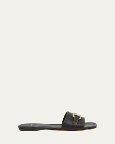 Ferragamo Leather Slides With Flat Sole And Gold-tone Hardware In Black