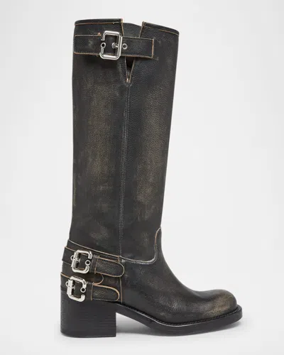 Chloé Dakota Burnished Leather Knee-high Moto Boots In Black
