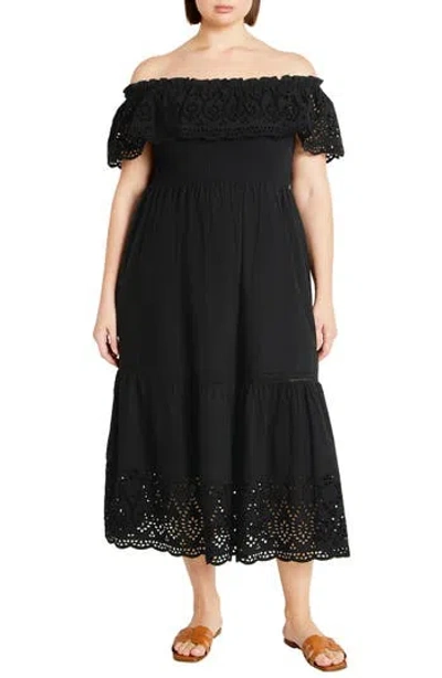 City Chic Jayde Off The Shoulder Ruffle Cotton Dress In Black