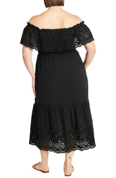City Chic Jayde Off The Shoulder Ruffle Cotton Dress In Black