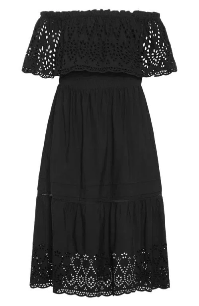 City Chic Jayde Off The Shoulder Ruffle Cotton Dress In Black
