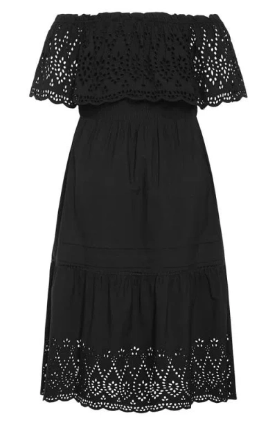 City Chic Jayde Off The Shoulder Ruffle Cotton Dress In Black