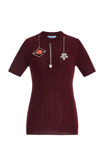 Prada Openwork Motif Wool Sweater With Pendants In Burgundy