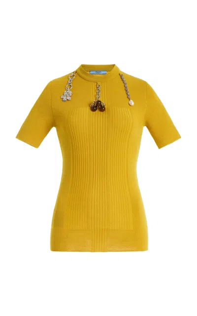 Prada Short Sleeve Wool Sweater With Charms In Yellow