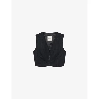 Sandro Womens Navy Blue Striped Rhinestone-embellished Sleeveless Stretch Wool-blend Jacket In Blue