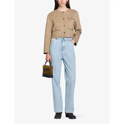 Sandro Womens Beige Patch-pocket Button-down Cropped Wool-blend Jacket In Brown