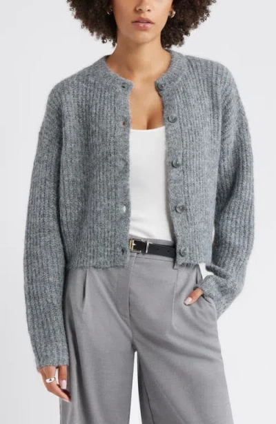 Open Edit Fuzzy Crewneck Cardigan In Gray