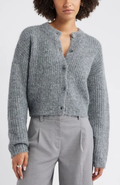 Open Edit Fuzzy Crewneck Cardigan In Gray