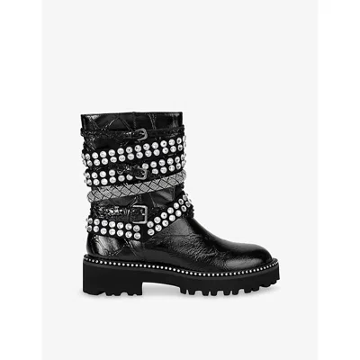 Kurt Geiger Crystal-embellished Multi-strap Biker Boots In Black