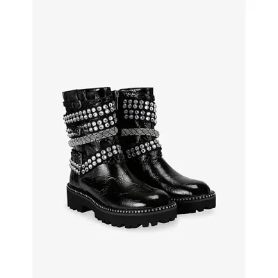 Kurt Geiger Crystal-embellished Multi-strap Biker Boots In Black