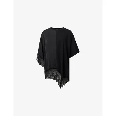 Allsaints Womens Black Lenny Round-neck Lace-embroidered Cotton T-shirt