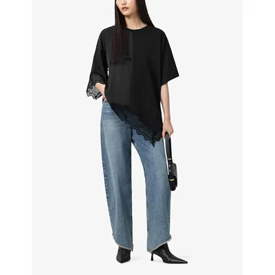 Allsaints Womens Black Lenny Round-neck Lace-embroidered Cotton T-shirt
