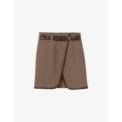 Claudie Pierlot Womens Multicolored Houndstooth Buckle-embellished Stretch-woven Mini Skirt In Brown