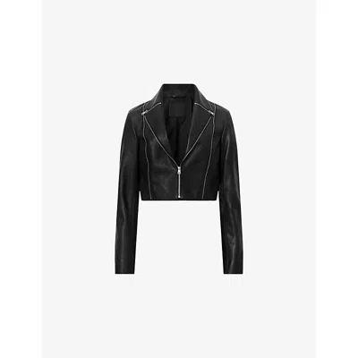 Allsaints Womens Black Landers Cropped Leather Biker Jacket In Black