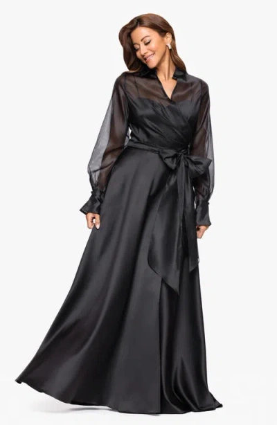 Xscape Evenings Long Sleeve Organza A-line Gown In Black