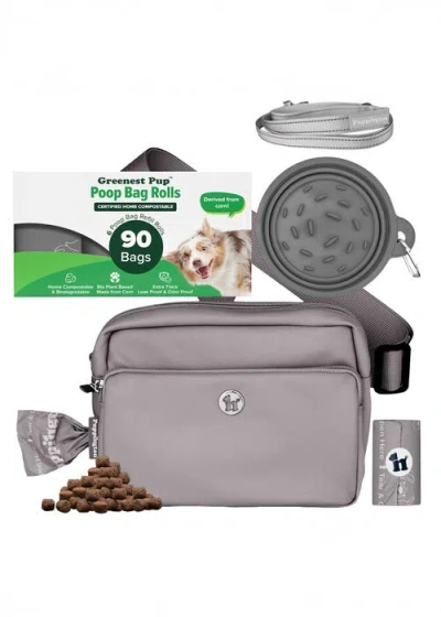 Puppington Walk Star Kit 3-in-1 Dog Walk Bag, Bowl, & Leash Plus Matching 90 Refill Dog Poop Bags In Gray