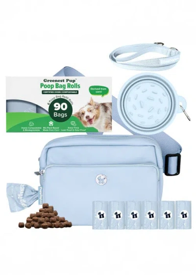 Puppington Walk Star Kit 3-in-1 Dog Walk Bag, Bowl, & Leash Plus Matching 90 Refill Dog Poop Bags In Blue