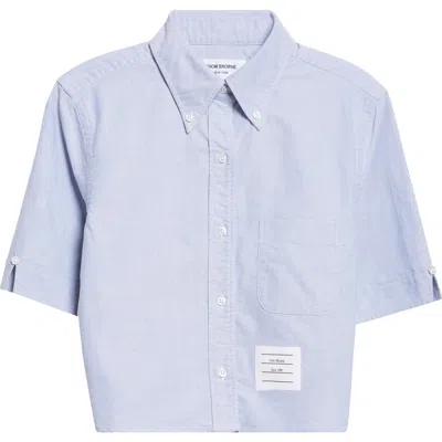 Thom Browne Cropped Cotton Shirt Boxy Fit Patch Pocket In Blue