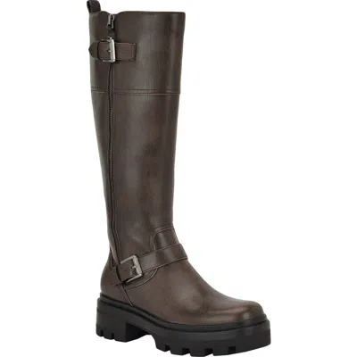 Guess Women's Lynnie Wide Calf Tall Buckle Moto Lug Boots In Brown