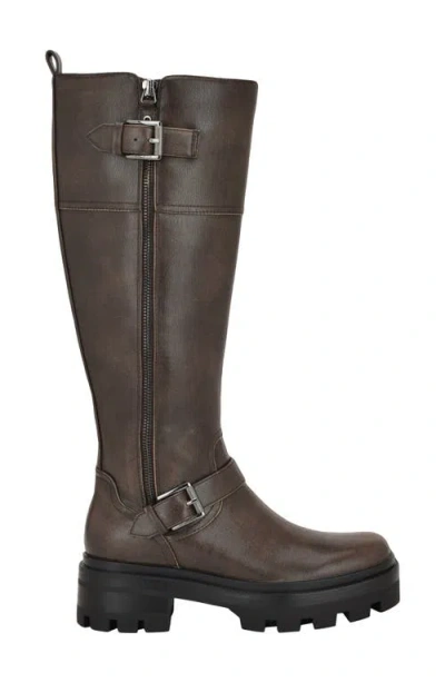 Guess Women's Lynnie Wide Calf Tall Buckle Moto Lug Boots In Brown