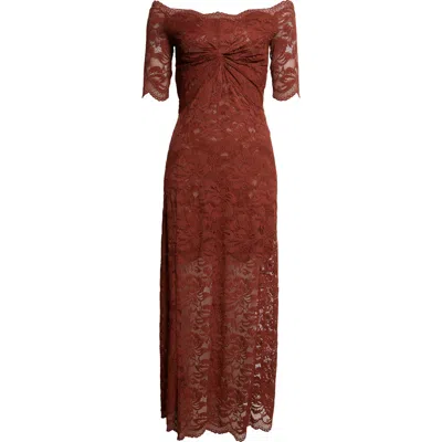 Rabanne Off-the-shoulder Brown Midi Dress With Twisted Knot Detail In Brown