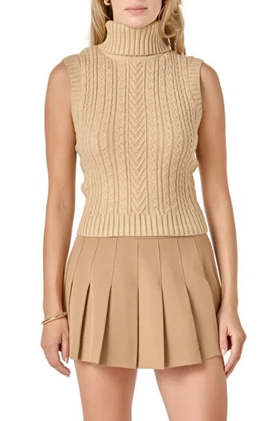 English Factory Cable Stitch Sleeveless Turtleneck Sweater In Nude