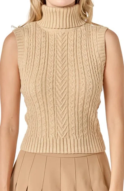 English Factory Cable Stitch Sleeveless Turtleneck Sweater In Nude