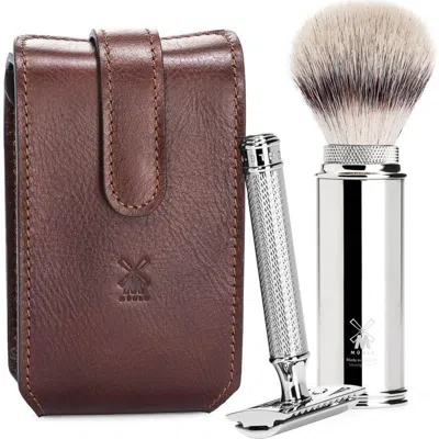 Mühle Brown Leather Case, Silvertip Fiber Brush & Safety Razor Travel Set In Brown