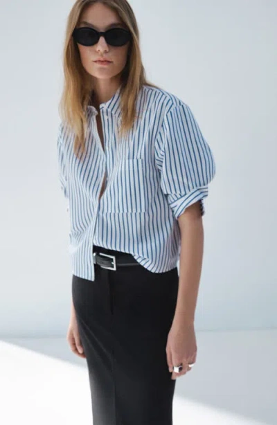 Mango Stripe Crop Button-up Shirt In Blue