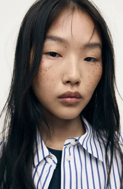 Mango Stripe Crop Button-up Shirt In Blue