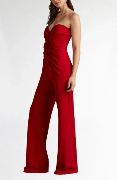 Tadashi Shoji Embroidered Flower Detail Strapless Jumpsuit In Red