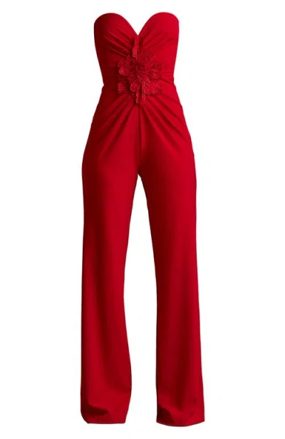 Tadashi Shoji Embroidered Flower Detail Strapless Jumpsuit In Red