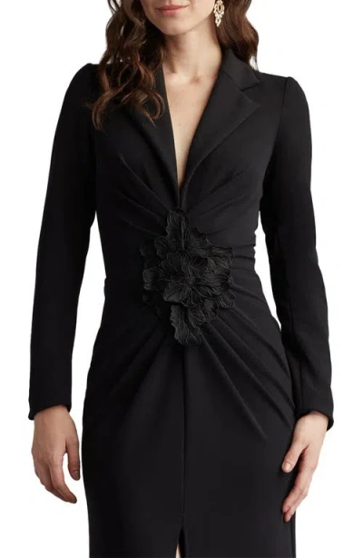Tadashi Shoji Embroidered Crepe Flower Long Sleeve Body-con Gown In Black