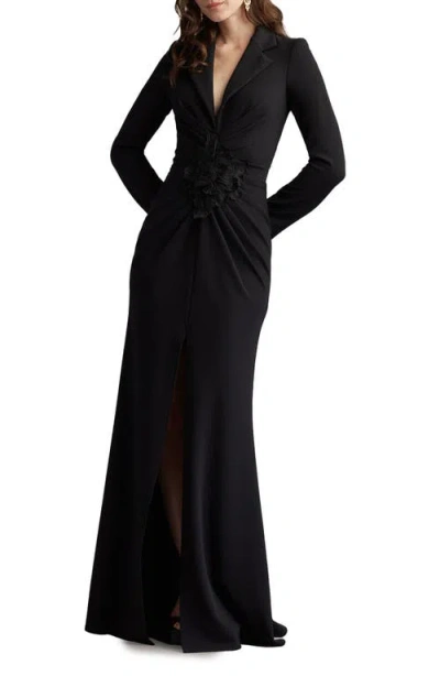 Tadashi Shoji Embroidered Crepe Flower Long Sleeve Body-con Gown In Black