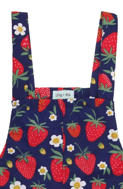 Lilly + Sid Organic Cotton Strawberry Print Dungarees Jumpsuit In Red