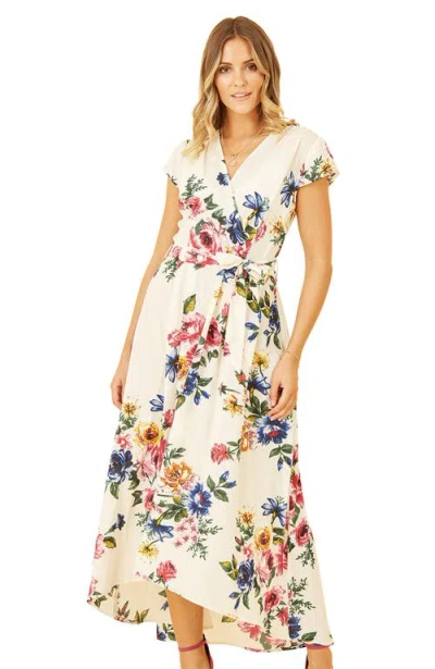 Yumi Floral Print Dip Hem Wrap Dress In Multi