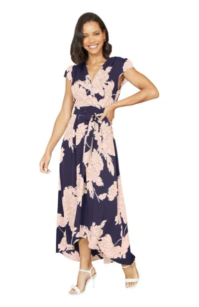 Yumi Blossom Print Wrap Midi With Dipped Hem In Blue