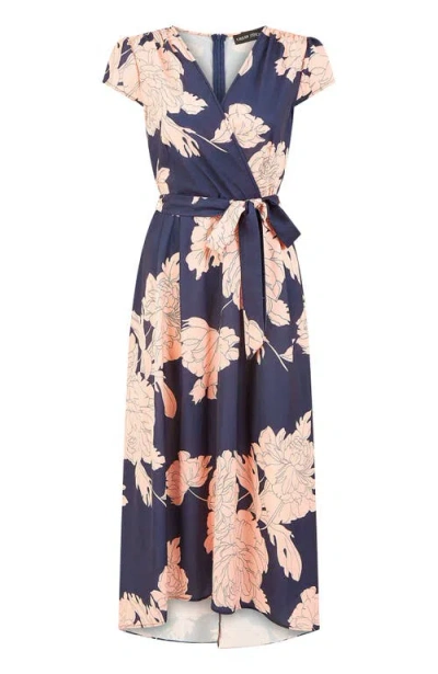 Yumi Blossom Print Wrap Midi With Dipped Hem In Blue