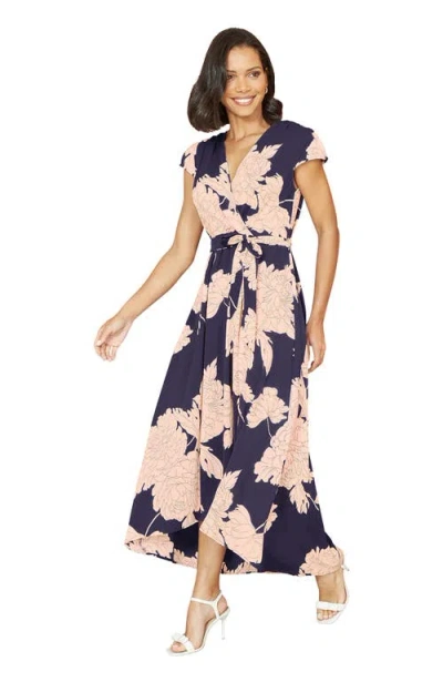 Yumi Blossom Print Wrap Midi With Dipped Hem In Blue