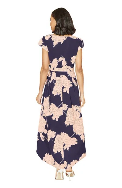 Yumi Blossom Print Wrap Midi With Dipped Hem In Blue