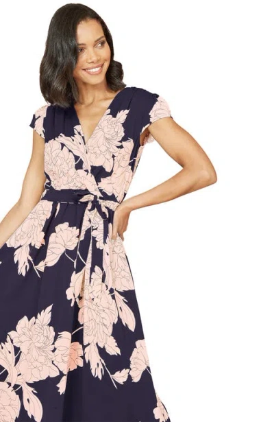 Yumi Blossom Print Wrap Midi With Dipped Hem In Blue