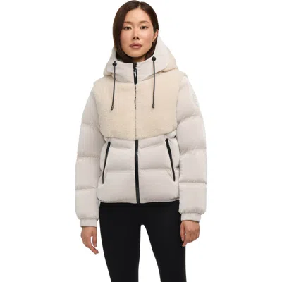 Pajar Nephele Mixed Media Short Puffer With Fixed Hood In Neutral