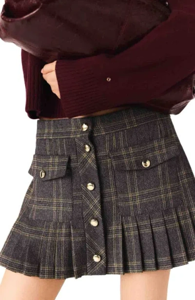 Maje Short Pleated Checked Skirt In Gray