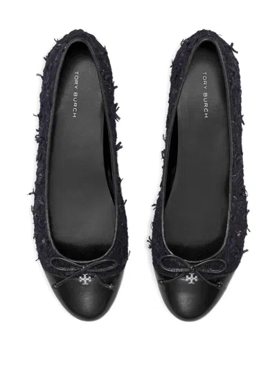 Tory Burch Round Toe Ballerina Shoes With Bow Detail In Black